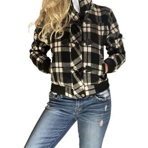 YMI black white check plaid pattern jacket coat full zipper short cool street